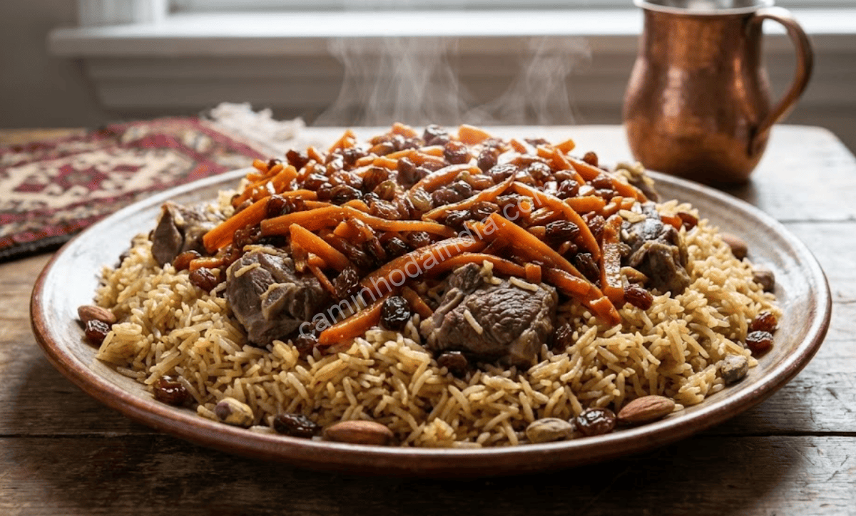 Kabuli pulav com arroz de grãos longos, carne macia e cobertura de cenouras caramelizadas e uvas-passas