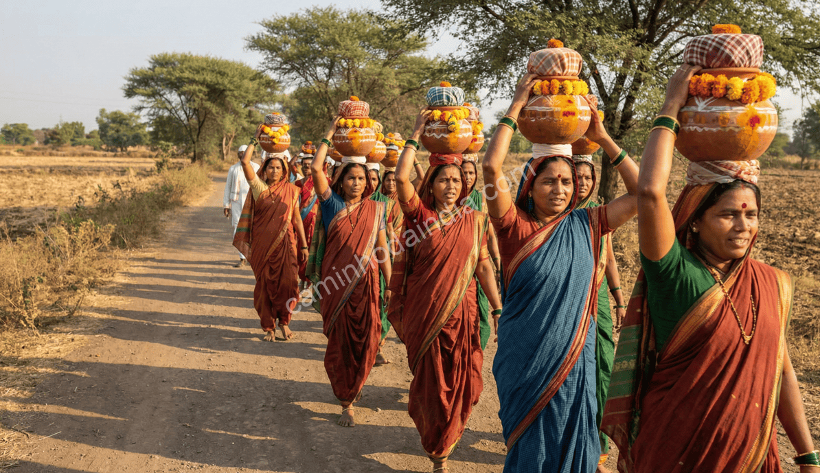 kailas-wari-mulheres-carregando-pote Mulheres participando da Kailas Wari carregando potes decorados durante a peregrinação