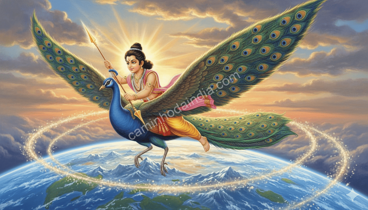 Kartikeya voando ao redor da Terra montado em seu pavão, brilhando com velocidade e energia divina