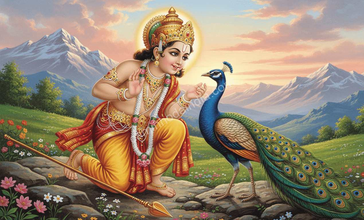 kartikeya-conversa-com-pavao-entusiasmo-forca-determinacao Kartikeya conversando com seu pavão, entusiasmado com a oportunidade de mostrar força e determinação