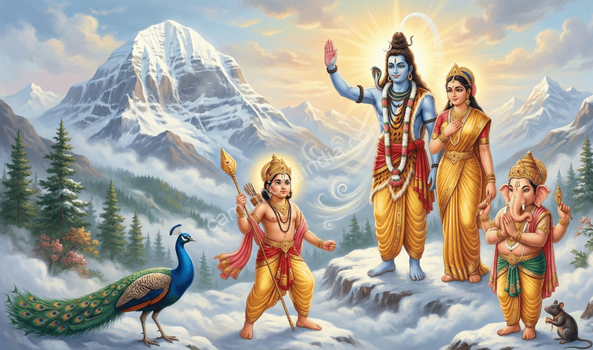 Shiva declarando o desafio para Kartikeya e Ganesha, enquanto os dois irmãos o escutam com atenção