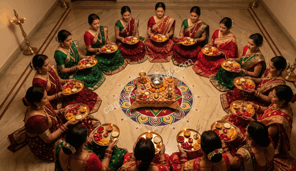 karva-chauth-movimento-circular-thali-pooja Movimento circular da thali com itens de pooja durante o ritual de Karva Chauth