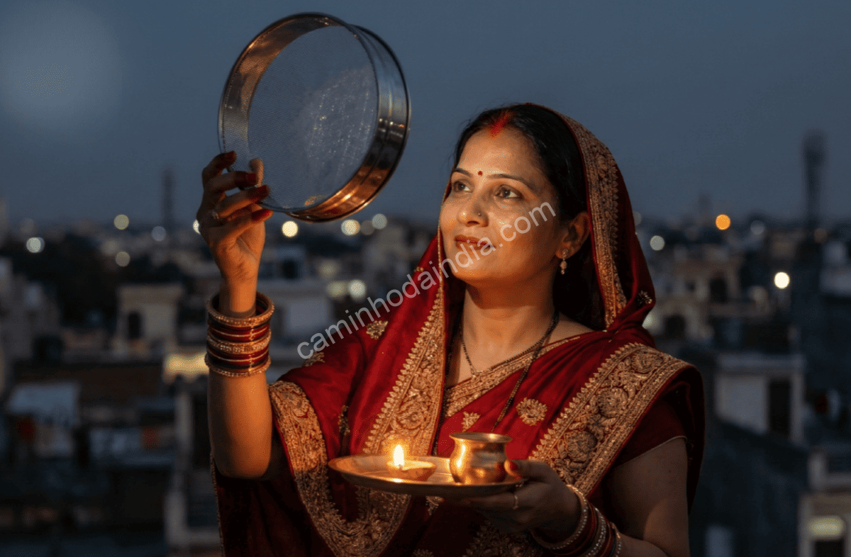 No momento final do Karva Chauth, a mulher observa a lua através de uma peneira (channi), marcando o encerramento ritual do jejum