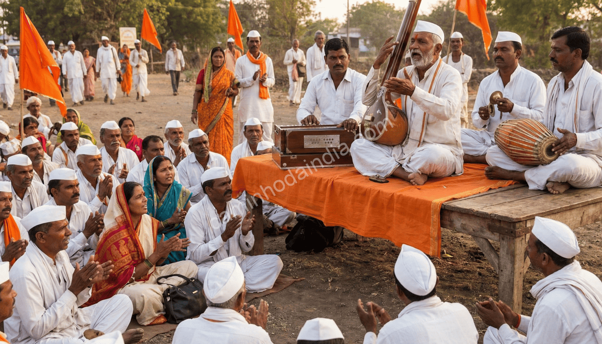 Kirtankars e devotos entoando kirtans com devoção