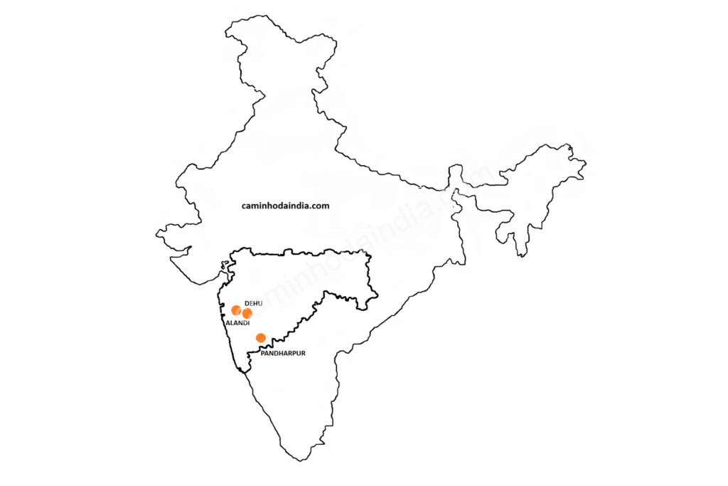 Mapa mostrando Alandi e Dehu, pontos de partida das palkhis de Dnyaneshwar e Tukaram, e Pandharpur, destino final da peregrinação e local do templo de Vithoba.