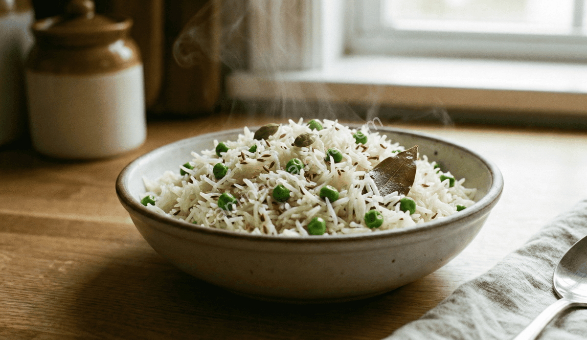 Matar pulav preparado com ervilhas verdes frescas e especiarias suaves, servido de forma simples