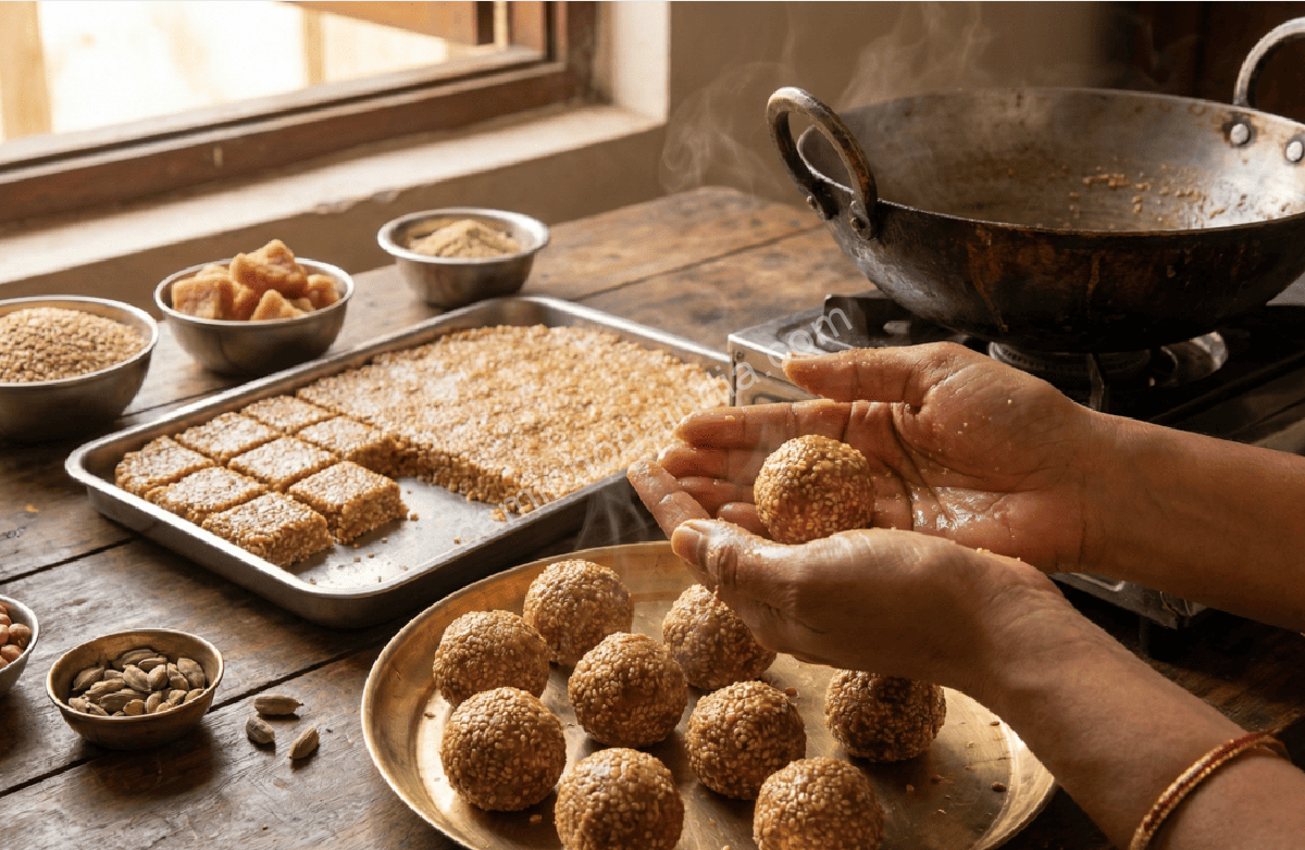 modelando-tilgul-entre-as-palmas Tilgul indiano sendo modelado entre as palmas das mãos até formar pequenas esferas doces