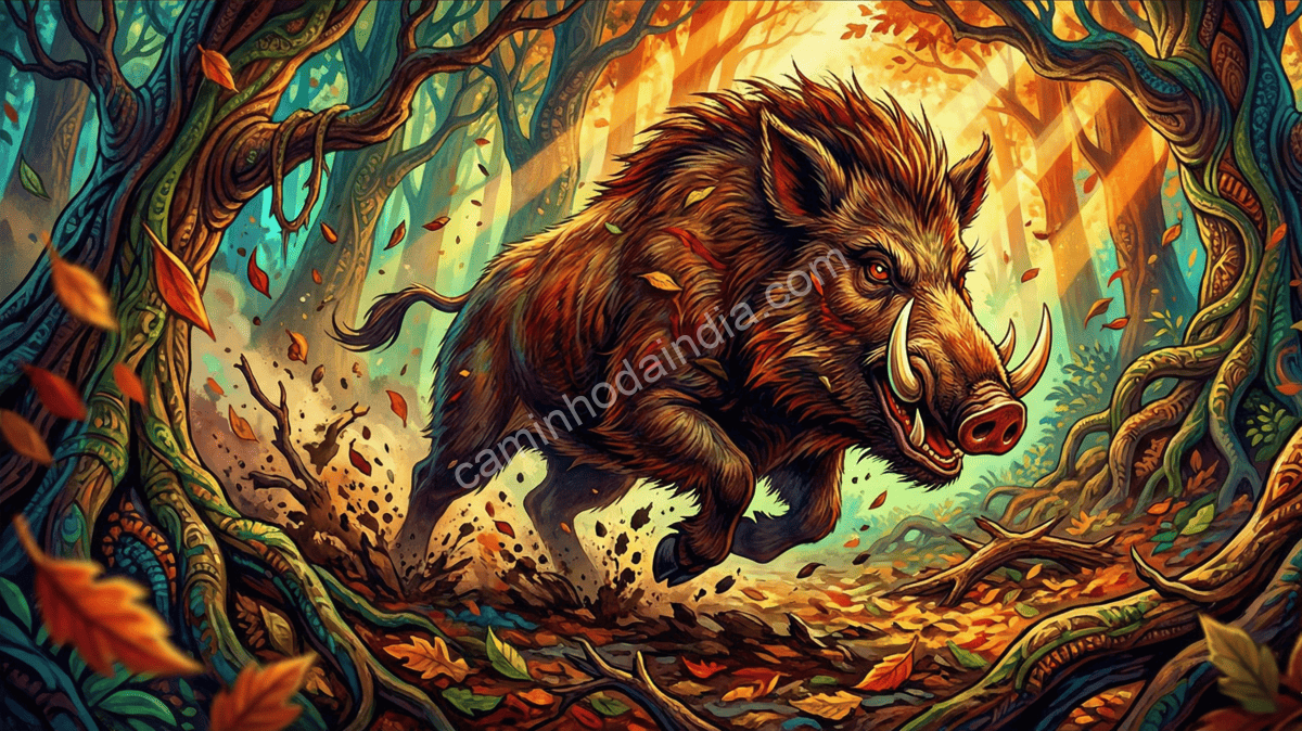 Mukasura assumindo a forma de um enorme javali selvagem para testar Arjuna