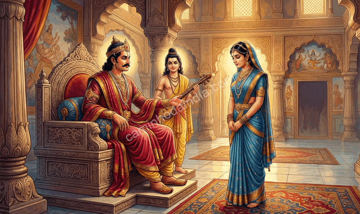 narada-adverte-rei-ashvapati-morte-satyavan Sábio Narada no palácio do rei Ashvapati alertando sobre o destino de Satyavan