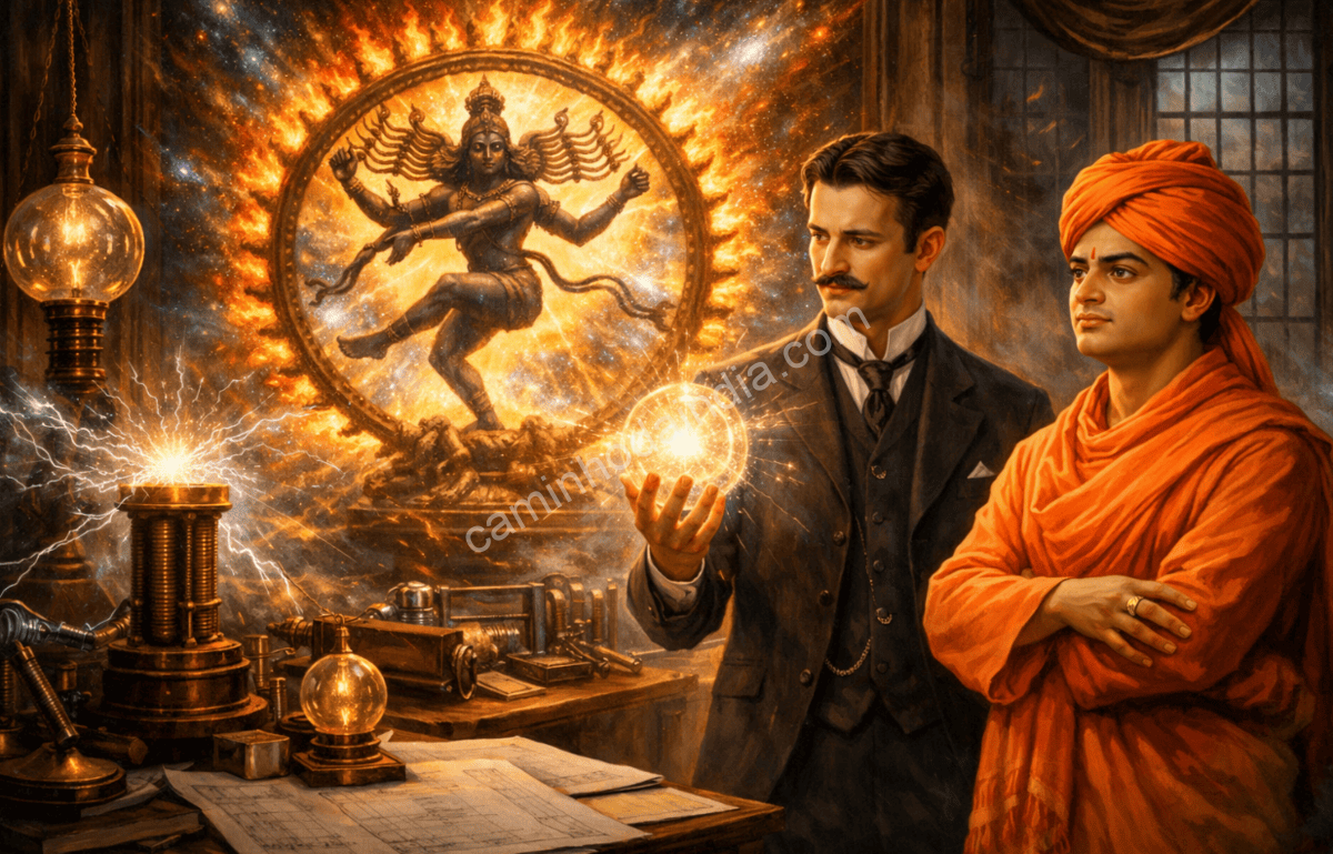 Nikola Tesla e Swami Vivekananda discutindo conceitos indianos de energia e universo