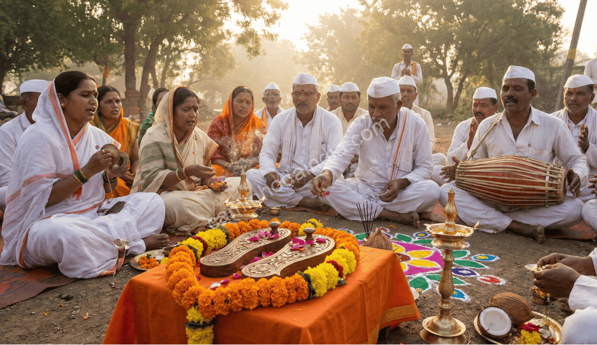 paduka-pujan-adoracao-sandalias-sagradas-dos-santos Devotos realizando o Paduka Pujan, adorando as réplicas das sandálias sagradas dos santos