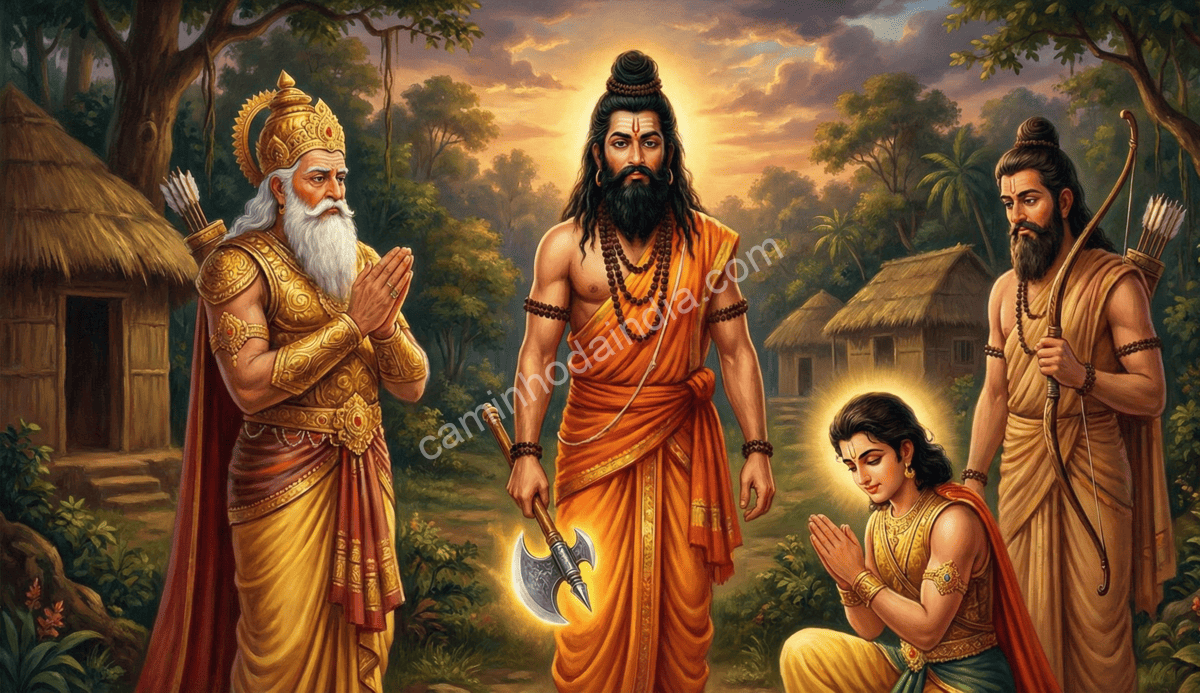 Parashurama ao lado de seus discípulos Bhishma, Drona e Karna