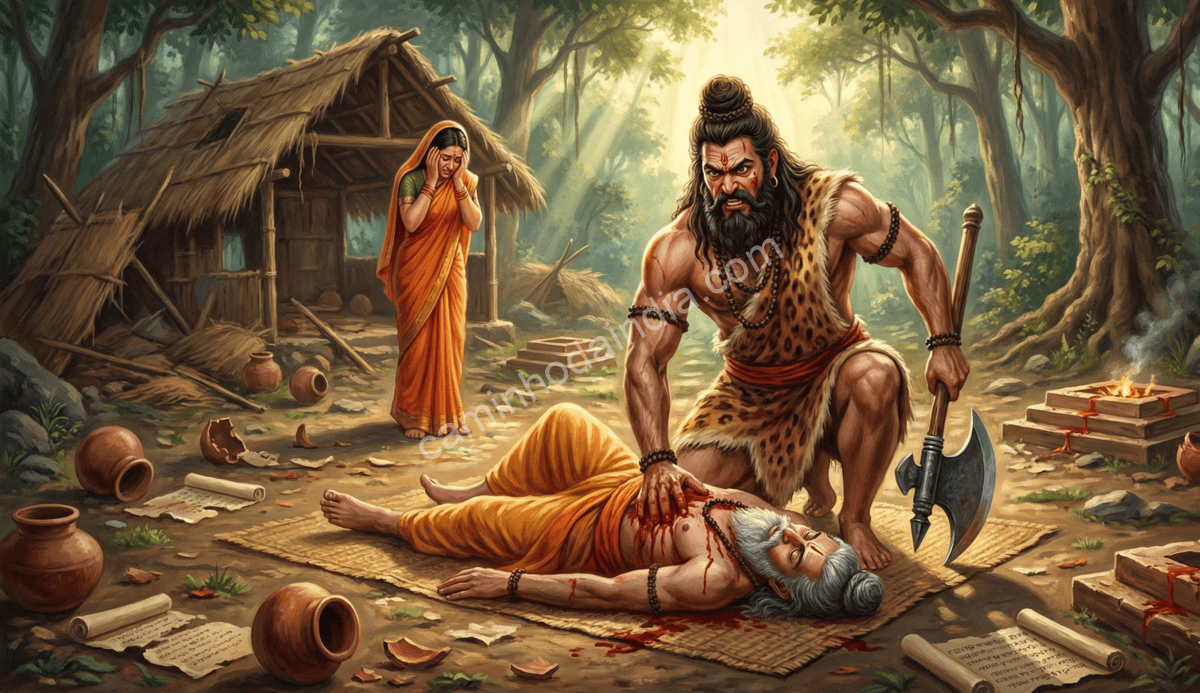 Parashurama lamentando a morte de seu pai Jamadagni pelas mãos de Kartavirya Arjuna