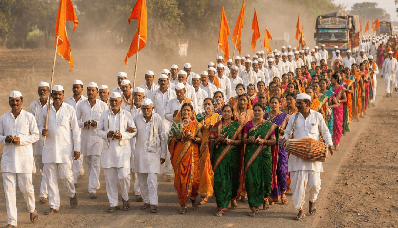 Grupo de peregrinos caminhando juntos rumo a Pandharpur
