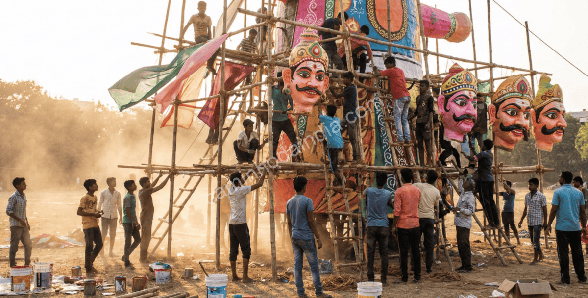 Pessoas criando uma enorme efígie de Ravana para a celebração de Dussehra