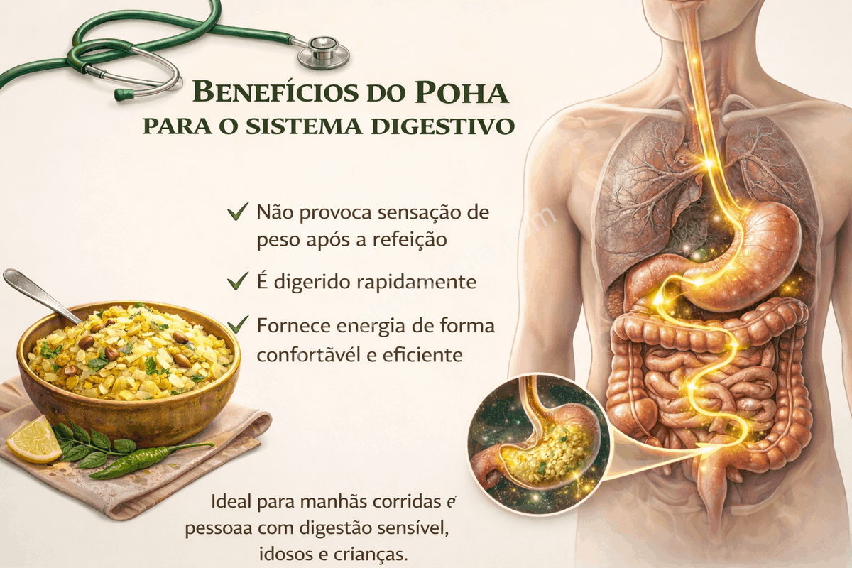 poha-auxilia-digestao-alimento-leve Poha, prato indiano leve feito de flocos de arroz, conhecido por facilitar a digestão