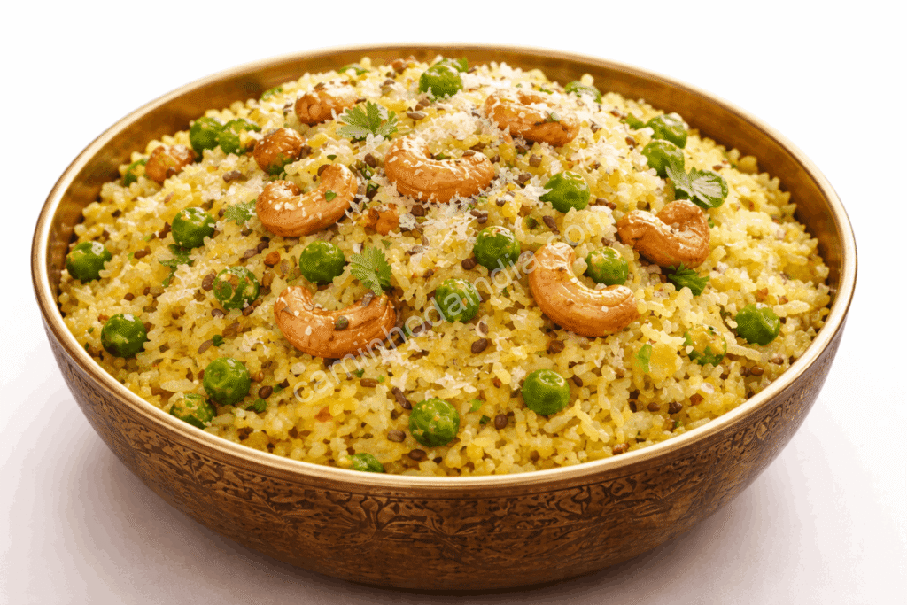 Poha ao estilo de Gujarat preparado com castanhas de caju e ervilhas