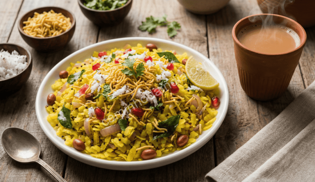 poha-servido-com-masala-chai Poha servido com uma xícara de masala chai