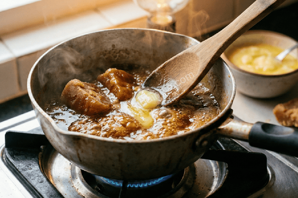 Calda de rapadura sendo preparada em panela, derretendo e formando um xarope espesso