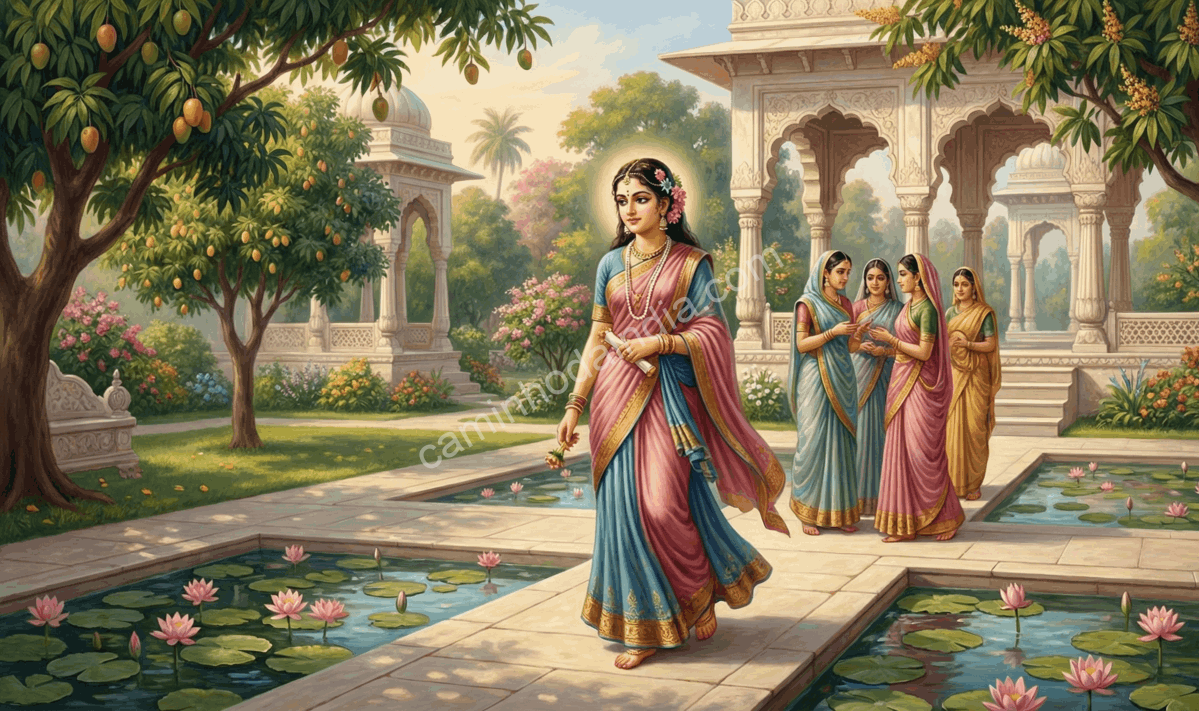 Princesa Savitri com suas amigas no jardim do palácio real