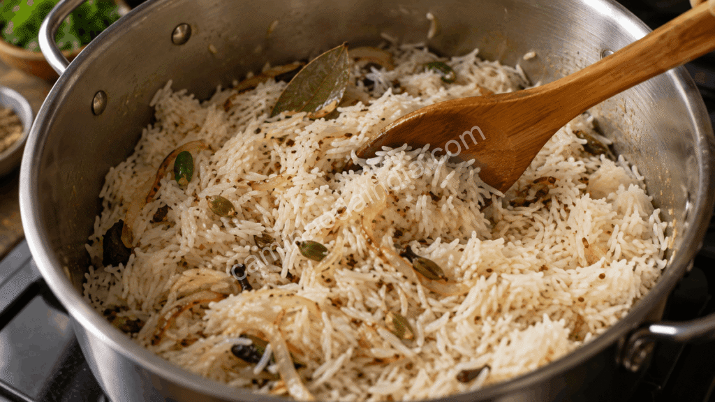 pulav-arroz-basmati-selado-com-ghee-e-especiarias Arroz basmati sendo delicadamente misturado com ghee e especiarias para preparar pulav