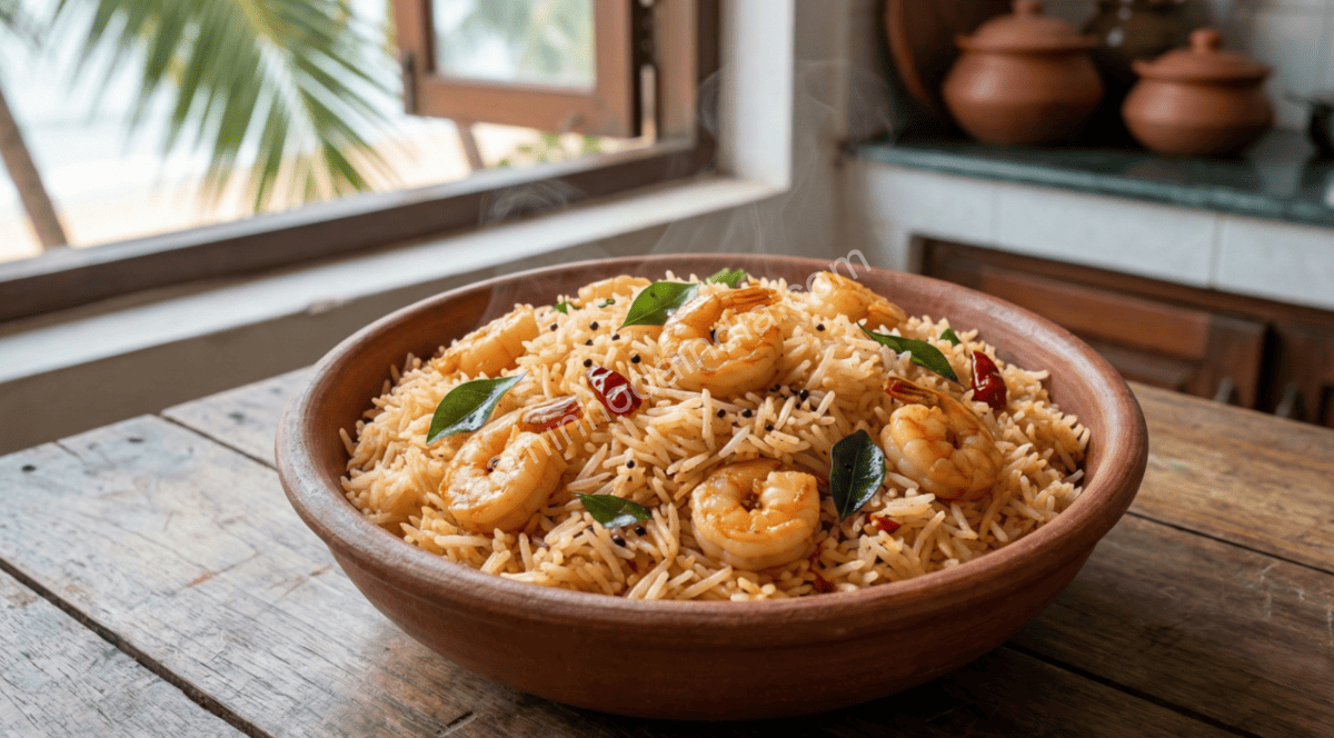 pulav-de-camarao-goa-versao-costeira Pulav de camarão preparado com especiarias de Goa, combinando arroz e sabores típicos da culinária costeira