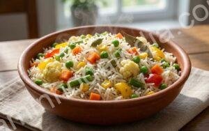 Pulav servido em uma tigela, com grãos soltinhos e aroma equilibrado de especiarias