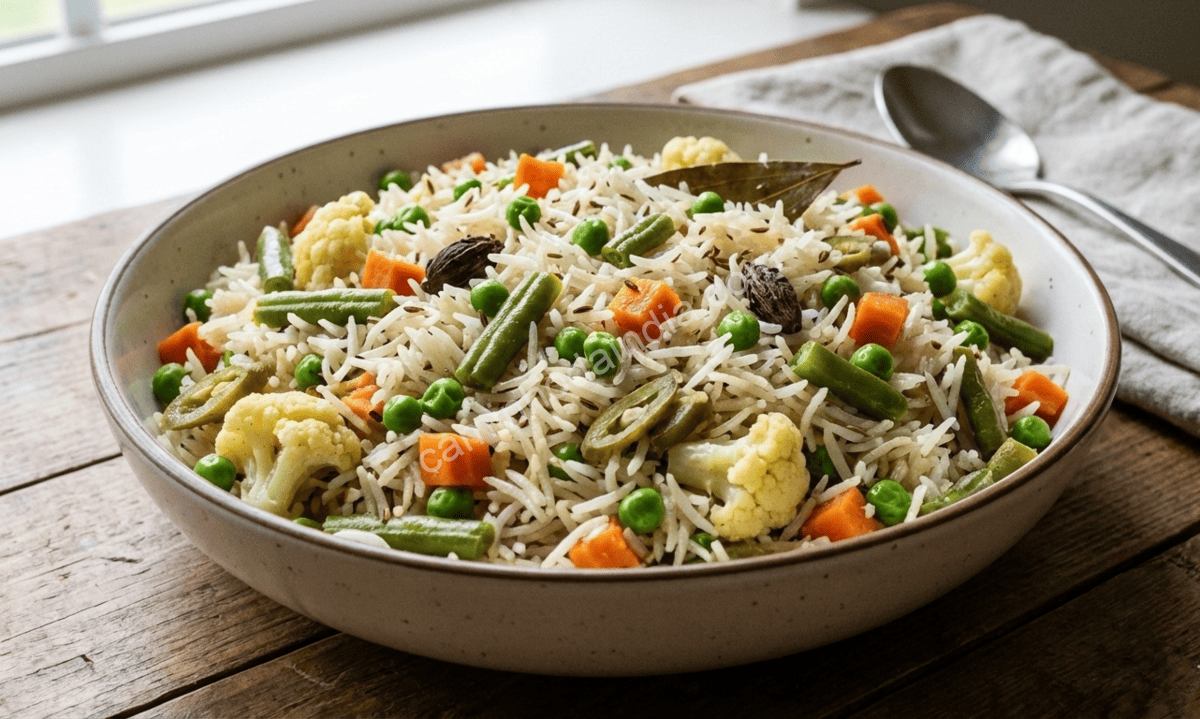 Pulav servido em uma mesa, apresentado de forma simples e apetitosa