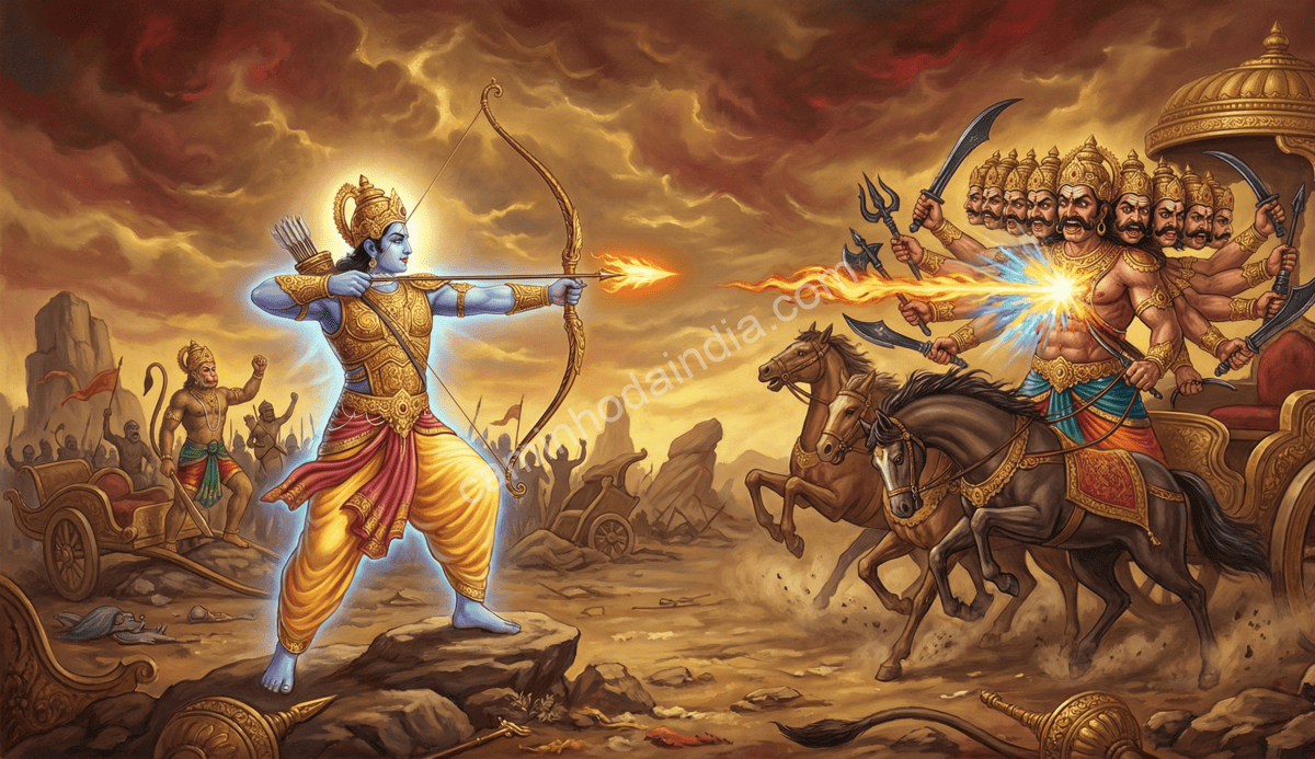 Rama derrotando Ravana, o rei de Lanka, no campo de batalha