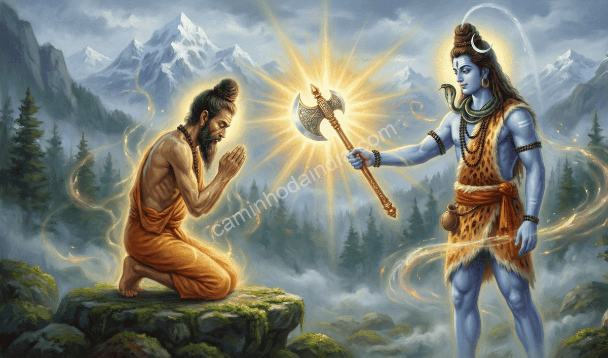 Rama recebendo o parashu de Shiva após sua penitência e passando a ser chamado de Parashurama