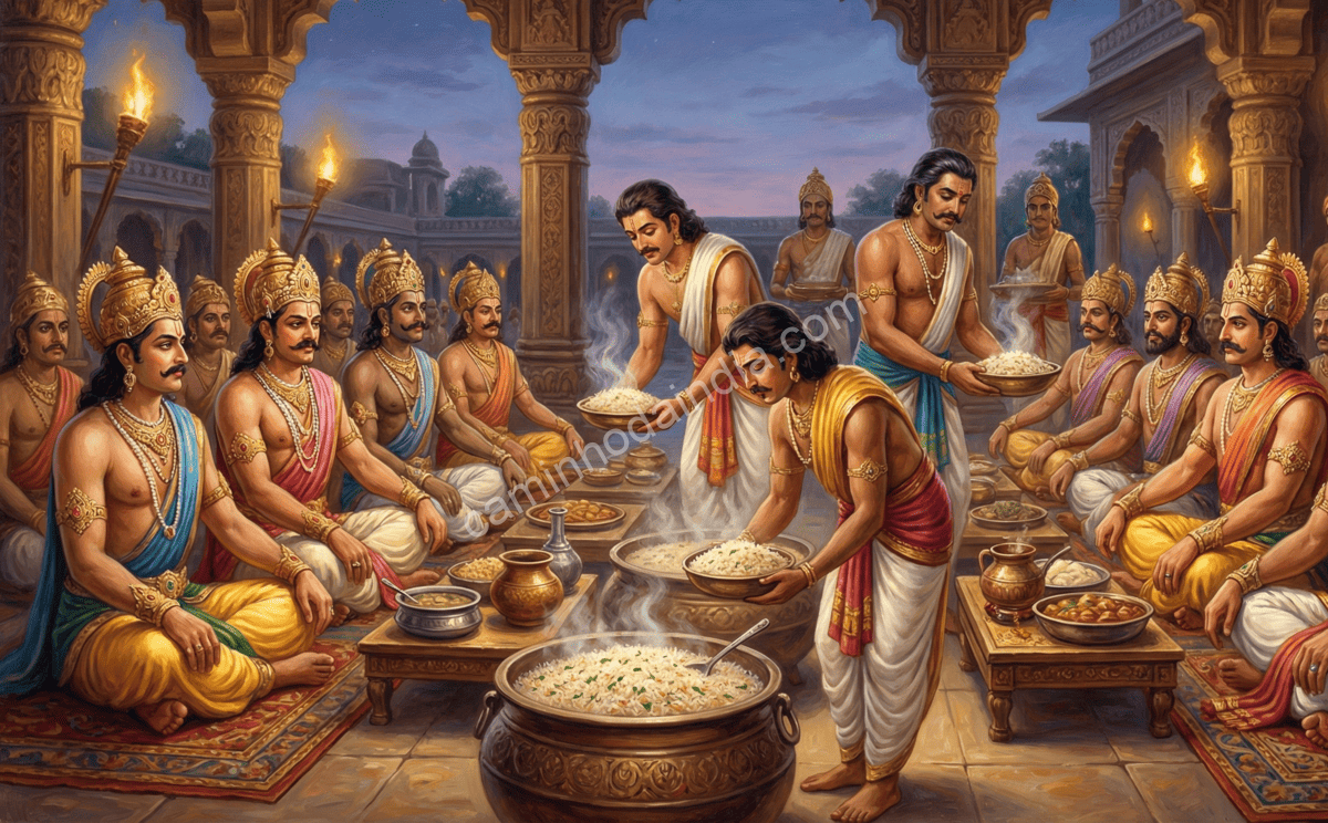Referências em textos sânscritos e no Mahabharata descrevendo pratos de arroz cozidos em caldos ricos e usados em cerimônias