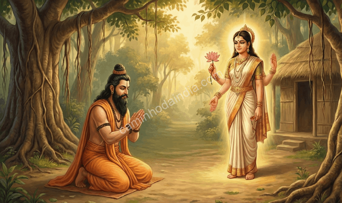 rei-ashvapati-abencoado-deusa-savitri-penitencia Rei Ashvapati sendo abençoado pela deusa Savitri após sua penitência