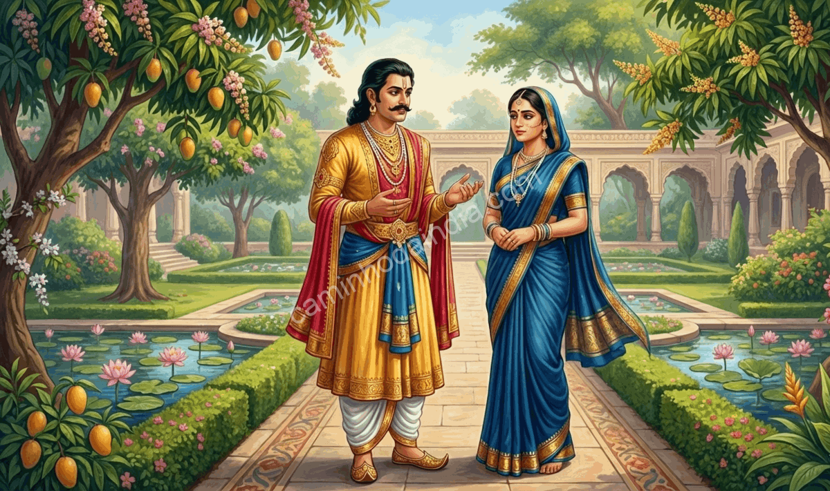 Rei Ashvapati pedindo à princesa Savitri que escolha livremente seu futuro marido