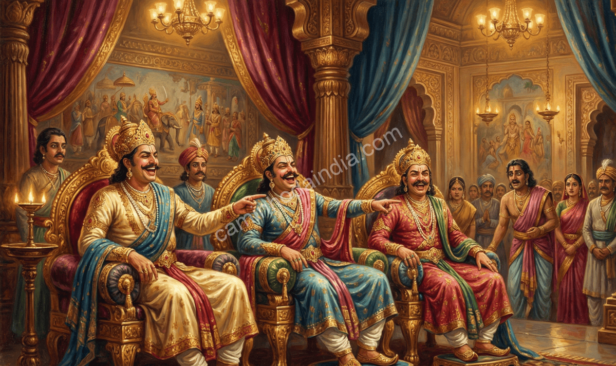 Reis kshatriyas rindo no palácio real ao ouvirem o voto de Parashurama