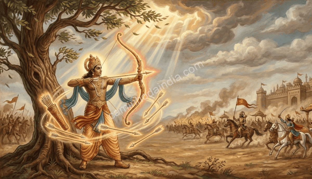 Arjuna retomando suas armas escondidas na árvore Shami