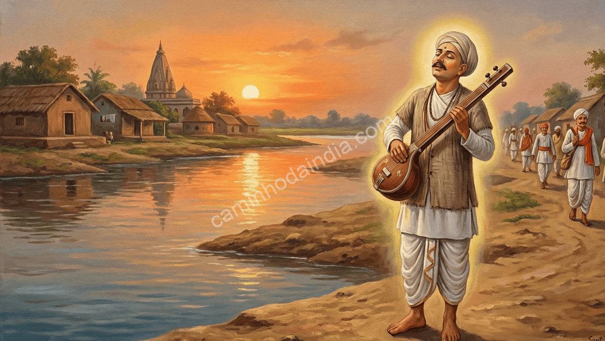 Ilustração de Sant Tukaram cantando bhajans com profunda devoção, irradiando paz espiritual e amor por Vithoba