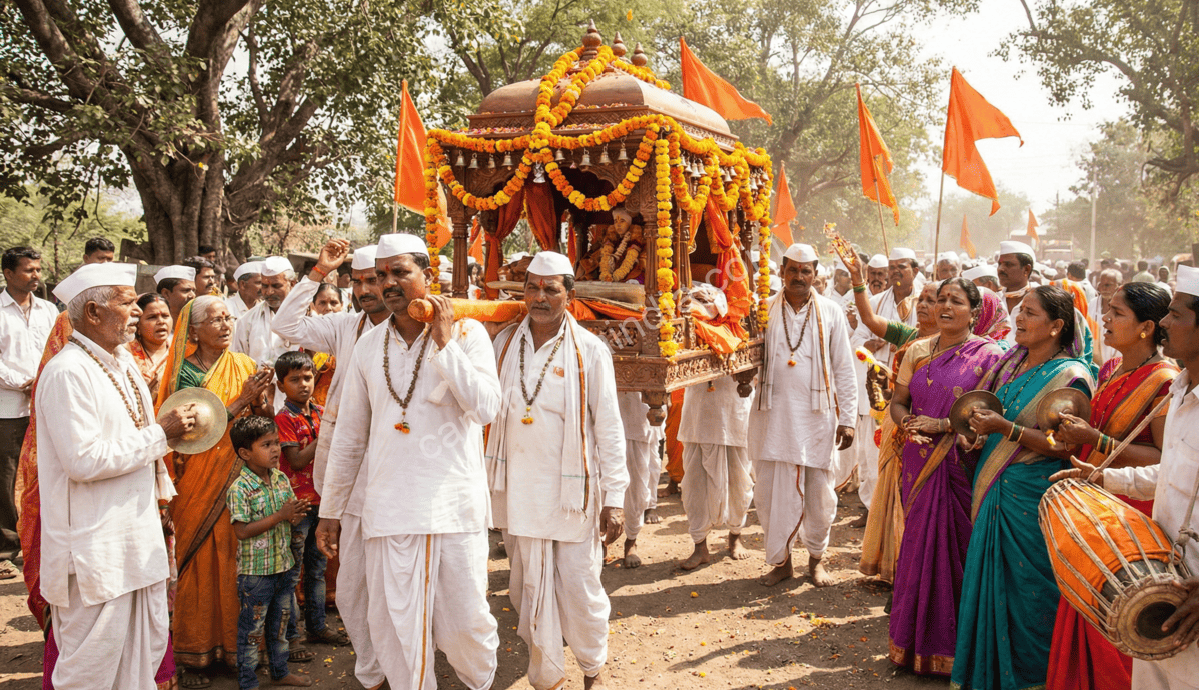 santos-palanquim-sant-dnyaneshwar-sant-tukaram Devotos carregando o palanquim sagrado com as relíquias dos grandes santos, especialmente Sant Dnyaneshwar e Sant Tukaram