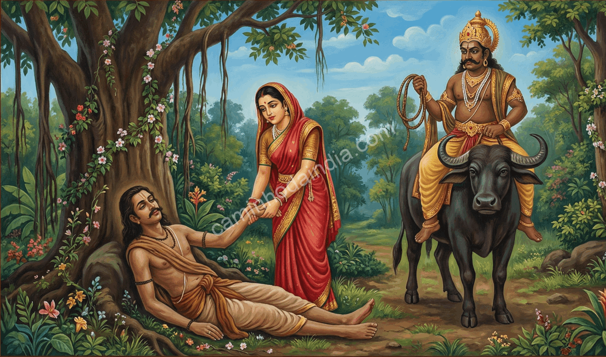 satyavan-colapsa-floresta-yama-chegada-alma Satyavan caindo sem vida na floresta enquanto Yama se aproxima para tomar sua alma