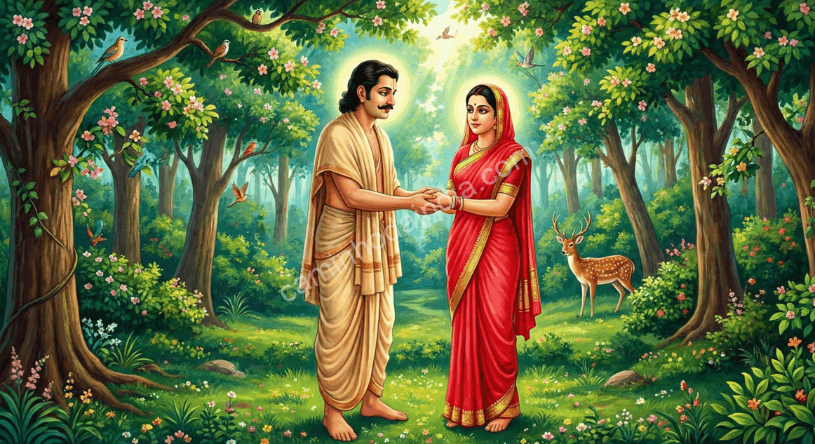 satyavan-desperta-reuniao-savitri-vida-restaurada Satyavan despertando após ter sua vida restaurada e reunindo-se com Savitri