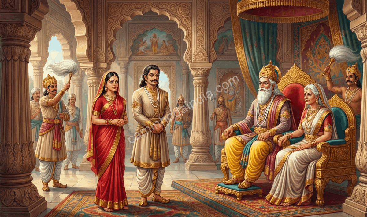 Satyavan e Savitri no palácio do rei Dyumatsena após a recuperação da visão e do reino