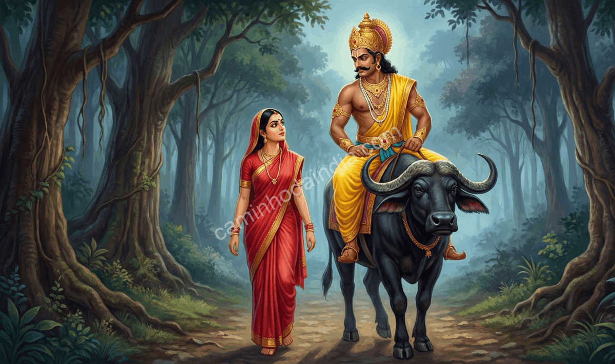 Savitri caminhando ao lado de Yama na floresta com firmeza e determinação