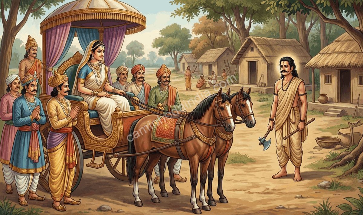 Savitri acompanhada por sua comitiva na floresta ao notar Satyavan pela primeira vez