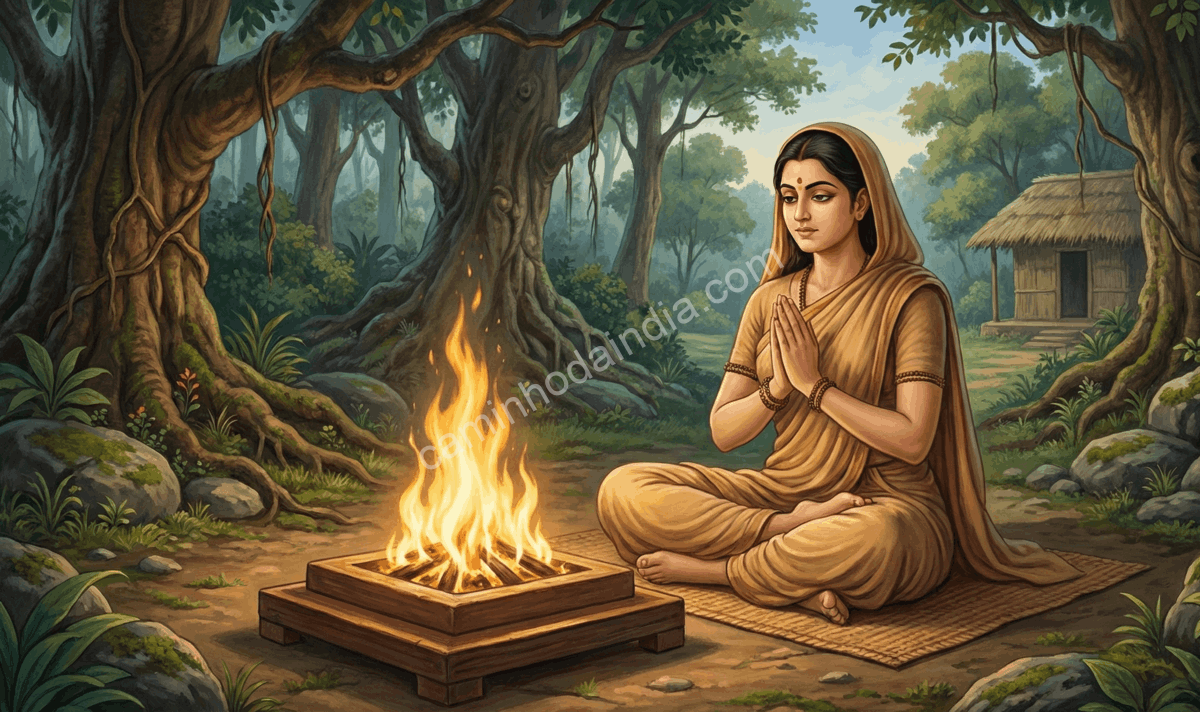savitri-penitencia-salvar-vida-marido Savitri realizando penitência com determinação para salvar a vida do marido