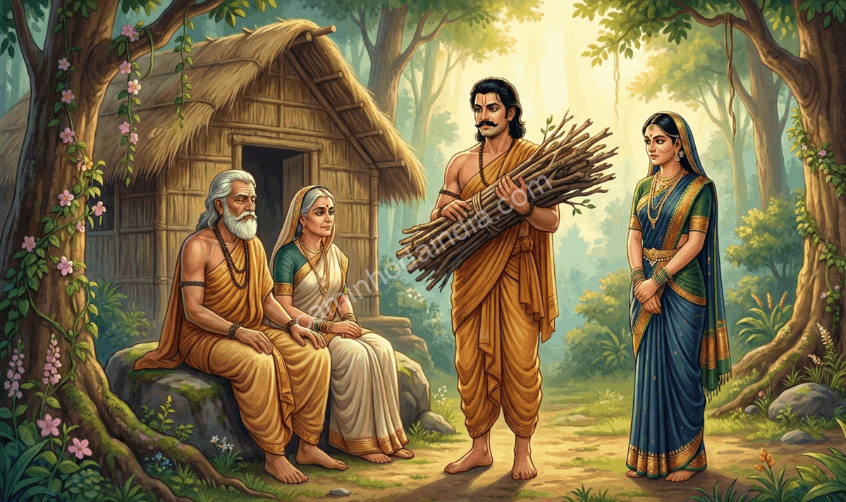 Savitri vivendo em exílio com Satyavan e seus pais em uma floresta
