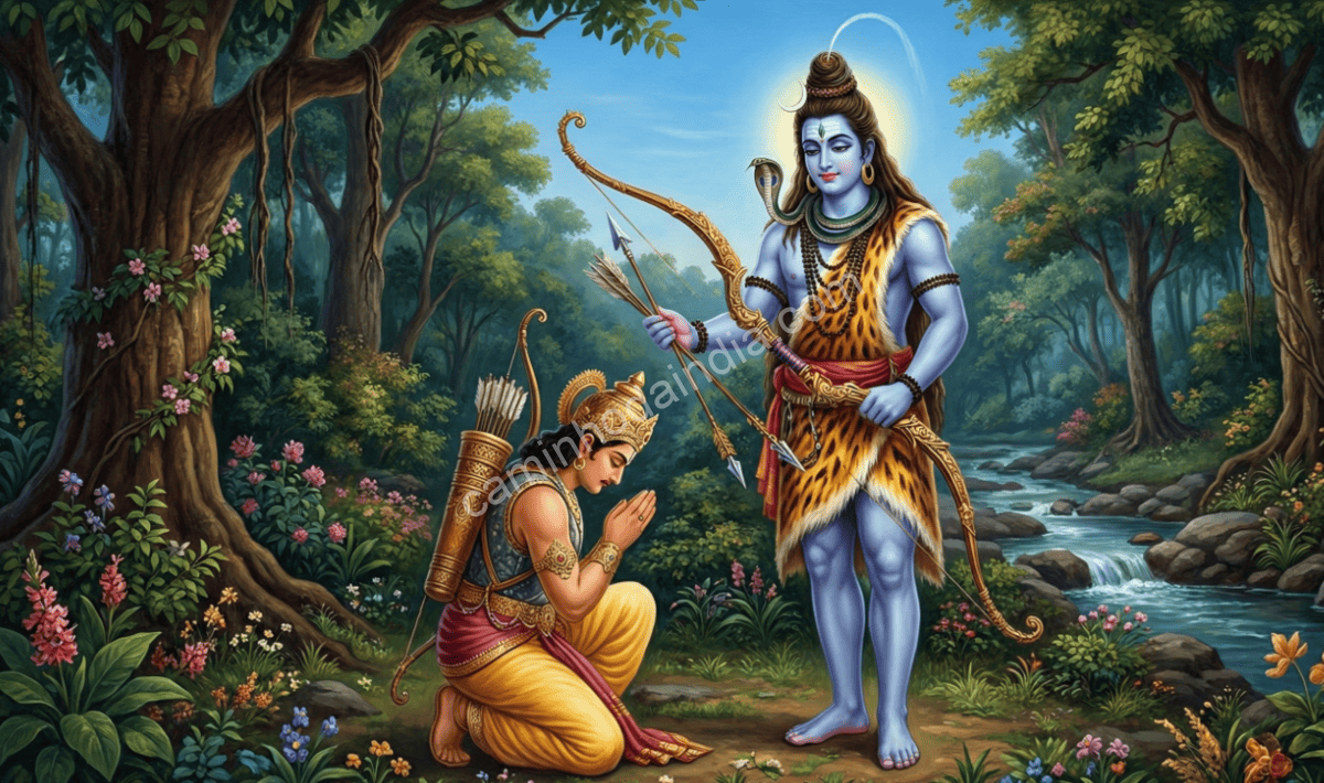 shiva-concede-arco-divino-arjuna-mahabharata Shiva concedendo uma arma divina a Arjuna após testar sua disciplina e devoção