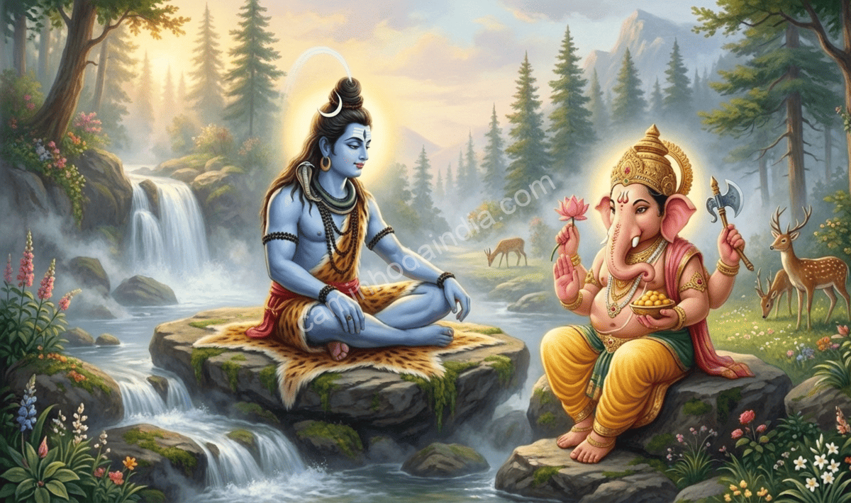 shiva-conversando-com-ganesha-sabedoria-kailasa Shiva conversando com Ganesha em Kailasa sobre sua imensa sabedoria e forma única de enxergar o mundo.