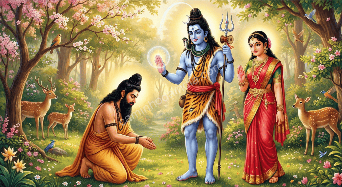 Shiva e Parvati abençoando Arjuna e concedendo a arma divina Pashupatastra