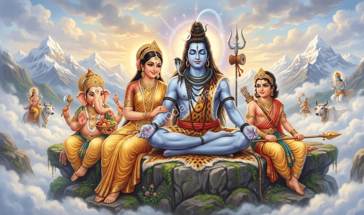 Ganesha com sua mãe Parvati, seu pai Shiva e seu irmão Kartikeya no monte Kailasa