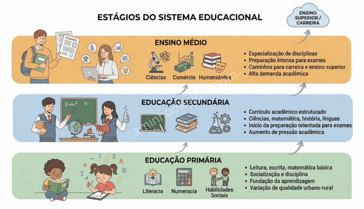 Estrutura do sistema educacional indiano moderno da educação primária ao ensino médio