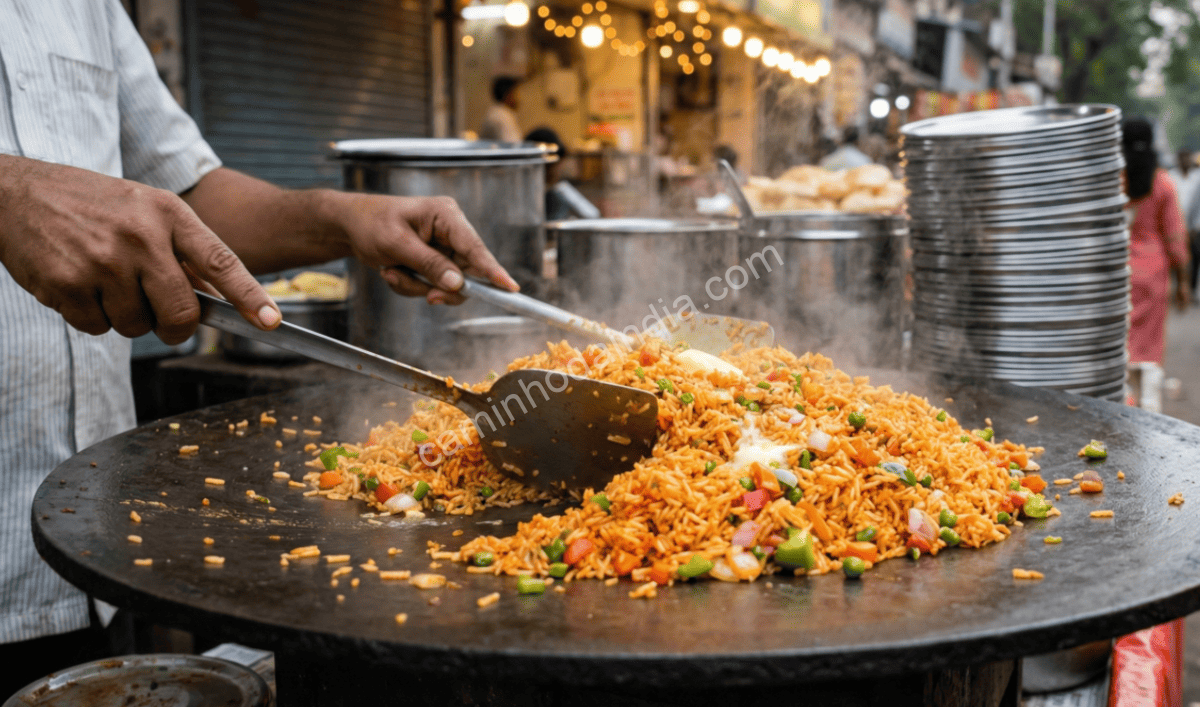 tawa-pulav-comida-de-rua-de-mumbai Tawa pulav preparado em chapa plana com manteiga, legumes e pav bhaji masala, típico das ruas de Mumbai